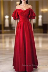 Wine Red Satin Short Sleeves Long Party Dress, Wine Red Satin Semi Formal Prom Dress