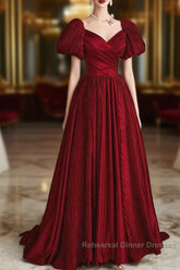 Wine Red Satin V-Neckline Short Sleeves Semi Formal Prom Dress, Wine Red Long Party Dress