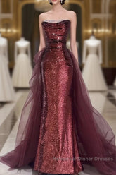 Wine Red Sequins Long Party Dress With Tulle, Wine Red Long Formal Dress Semi Formal Prom Dress