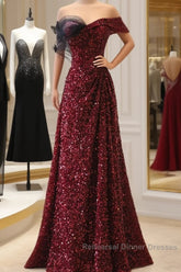 Wine Red Sequins Off Shoulder Long Party Dress, A-Line Sequins Semi Formal Prom Dress