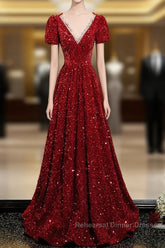 Wine Red Sequins V-Neckline Short Sleeves Party Dress, Wine Red Evening Dress