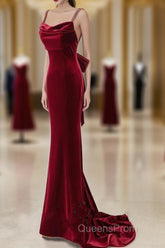Wine Red Straps Low Back Mermaid Long Party Dress, Wine Red Evening Dress