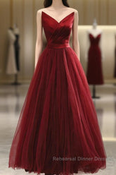 Wine Red Tea Length Tulle V-Neckline Semi Formal Prom Dress, Wine Red Tulle Party Dress