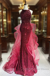 Wine Red Tulle And Sequins Halter Long Party Dress, Wine Red New Style Semi Formal Prom Dress
