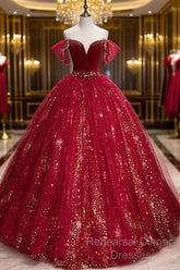 Wine Red Tulle Ball Gown Beaded Sweetheart Party Dress, Wine Red Semi Formal Prom Dress