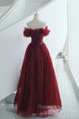 Wine Red Tulle Sequins Long Off Shoulder Party Dress, Wine Red Tulle Semi Formal Prom Dress