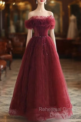 Wine Red Tulle Sequins Long Off Shoulder Party Dress, Wine Red Tulle Semi Formal Prom Dress