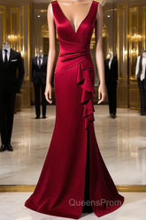 Wine Red V-Neckline Mermaid Long Party Dress With Leg Slit, Wine Red Evening Prom Dress