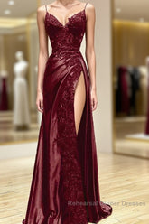 Wine Red V-Neclline Satin With Lace Long Semi Formal Prom Dress, Wine Red Leg Slit Party Dress