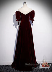 Wine Red Velvet A-Line Simple Party Dress, Wine Red Velvet Long Semi Formal Prom Dress
