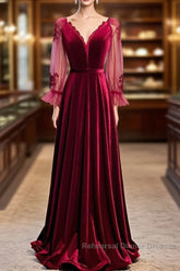 Wine Red Velvet Long Party Dress Semi Formal Prom Dress, A-Line Long Sleeves Formal Dresses