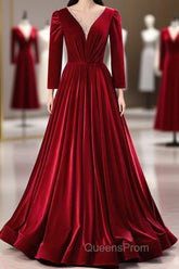 Wine Red Velvet Long Sleeves See Through Evening Prom Dress, Wine Red Wedding Party Dress