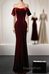 Wine Red Velvet Off Shoulder Long Mermaid Evening Prom Dress, Wine Red Velvet Eveing Dress