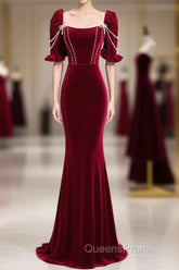 Wine Red Velvet Short Sleeves Long Evening Prom Dress, Wine Red A-Line Evening Dress