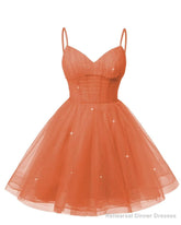 Womens V Neck Tulle Spaghetti Straps Orange Homecoming Dresses with Corset Back Short Prom Gowns for Teens