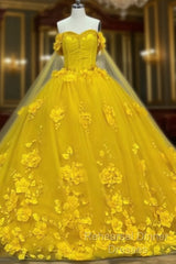 Yellow 3D Flowers Ball Gown Dress With Cape