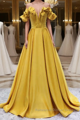 Yellow A-line Satin Long Semi Formal Prom Dresses, Yellow Formal Dresses