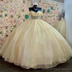 Yellow Ball Gown Tulle Off-the-Shoulder Quincenara Dresses