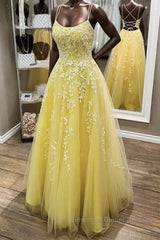 Yellow Lace Backless A Line Long Semi Formal Prom Dresses Open Back Formal Dresses Yellow Evening Dresses