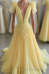 Yellow Long A-line V Neck Lace Tulle Backless Semi Formal Prom Graduation Semi Formal Prom Dresses
