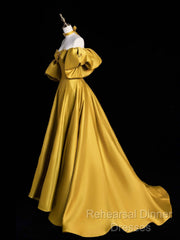Yellow Satin Long Semi Formal Prom Dress, Off The Shoulder A-Line Evening Party Dress