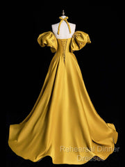 Yellow Satin Long Semi Formal Prom Dress, Off The Shoulder A-Line Evening Party Dress