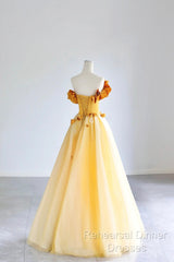 Yellow Tulle Applique Long Semi Formal Prom Dress, Off The Shoulder Sleeveless Backless Long Formal Evening Dress