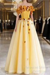 Yellow Tulle Applique Long Semi Formal Prom Dress, Off The Shoulder Sleeveless Backless Long Formal Evening Dress