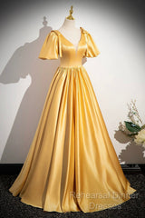 Yellow V-Neck Satin Long Semi Formal Prom Dress, Yellow A-Line Short Sleeve Evening Dress