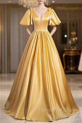Yellow V-Neck Satin Long Semi Formal Prom Dress, Yellow A-Line Short Sleeve Evening Dress
