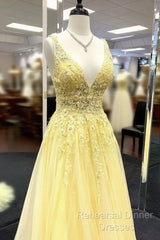 Yellow V Neck Tulle Lace Semi Formal Prom Dress Evening Dress