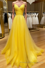 Yellow v neck tulle long Semi Formal Prom Dresses yellow formal Dresses