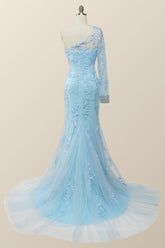 Prom Dresses 2058 Long Sleeve, Elegant One Sleeve Light Blue Lace Mermaid Long Formal Dress