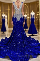 Royal Blue Sleeveless Mermaid Semi Formal Prom Dresses with Beadings and Sequins