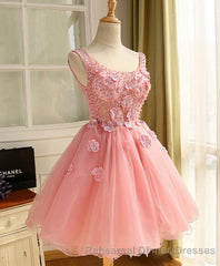 Cute A Line Pink Tulle Pearl Short Semi Formal Prom Dress, Homecoming Dress