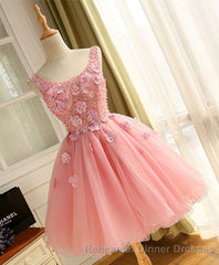 Cute A Line Pink Tulle Pearl Short Semi Formal Prom Dress, Homecoming Dress