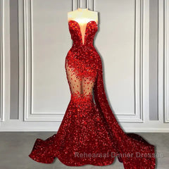 Red Mermaid Style Semi Formal Prom Dresses with Sweetheart Sequins and Ruffle