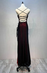 Black And Red Mermaid Straps Long Evening Dresses, Long Semi Formal Prom Dresses With Leg Slit