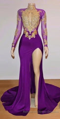 Unique Semi Formal Prom Dresses, Long Sleeve High Neck Beaded Split Semi Formal Prom Dresses