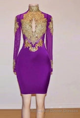 Unique Semi Formal Prom Dresses, Long Sleeve High Neck Beaded Split Semi Formal Prom Dresses