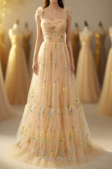 Champagne Lovely Tulle Lace Long Semi Formal Prom Dress, Champagne Evening Dress