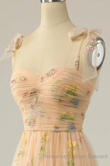 Champagne Lovely Tulle Lace Long Semi Formal Prom Dress, Champagne Evening Dress