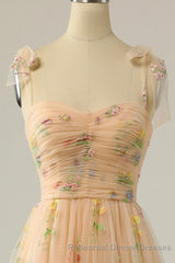 Champagne Lovely Tulle Lace Long Semi Formal Prom Dress, Champagne Evening Dress