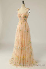 Champagne Lovely Tulle Lace Long Semi Formal Prom Dress, Champagne Evening Dress
