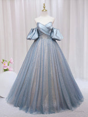 Blue Puff Sleeve Long A-Line Prom Dress, Off the Shoulder Formal Evening Dress