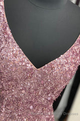Gorgeous Mermaid V-Neck Pearl Pink Long Semi Formal Prom Dress with Slit