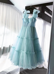 Light Blue Tulle Straps Long Party Dress Evening Dress, Light Blue A-Line Prom Dress