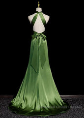 Green Soft Satin Halter Long Evening Dress Party Dress, Green A-line Semi Formal Prom Dress