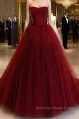 Wine Red Tulle Scoop Long Formal Dress, Wine Red Tulle Semi Formal Prom Dress Party Dress