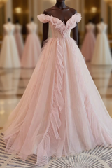 Pink Tulle Off The Shoulder A-Line Tulle Ruffles Floor-Length Semi Formal Prom Dress, Pink Long Party Dress
